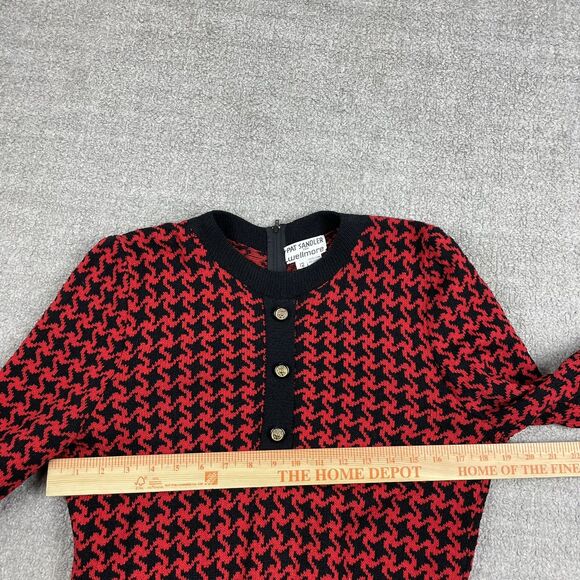 Vintage 1960s Pat Sandler Houndstooth Black Red Knit Midi Sweater Dress US 12 - Picture 12 of 16